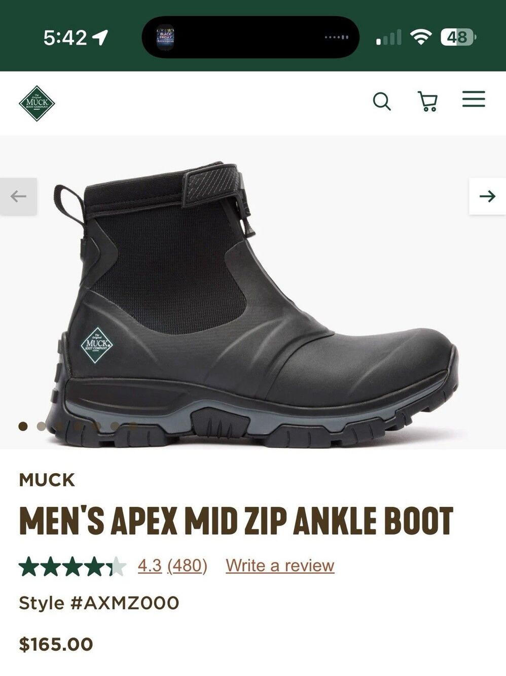 Men’s original MUCK BOOTS APEX MID ZIP ANKLE BOOT Black Size 13 NWT NO BOX  $165
